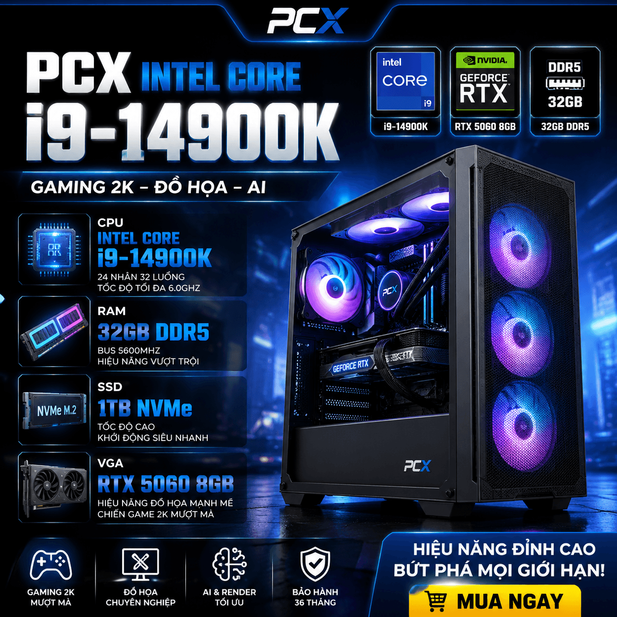 BỘ MÁY PCX Core i9 14900K | 64GB DDR5| 1TB | 3060 12gb  Dùng Adobe, Autocad, 3dsmax, Render