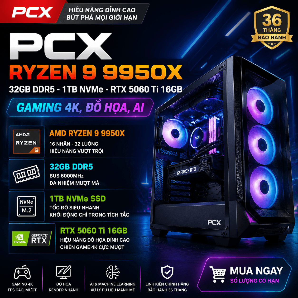 Bộ PC CPU AMD Ryzen 9 9950X Tray(4.3 | MAINBOARD GIGABYTE X670 AORUS  | PC Corsair Dominator Platinum  | INNO3D RTX 5060 Ti Twin X2 16G | SSD Kioxia Exceria G2 NVMe 1TB | AIGO AT750 – 750W 80 PLUS BRON | nước AIO Jonsbo TH-360 (ARGB | Thùng máy CASE MAGIC GE-01 (E-
