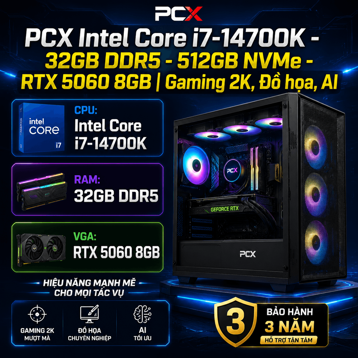 BỘ MÁY PCX Core i7 14700K | 32GB DDR5 | 1TB | 3060 12GB  Dùng Adobe, Autocad, 3dsmax, Render