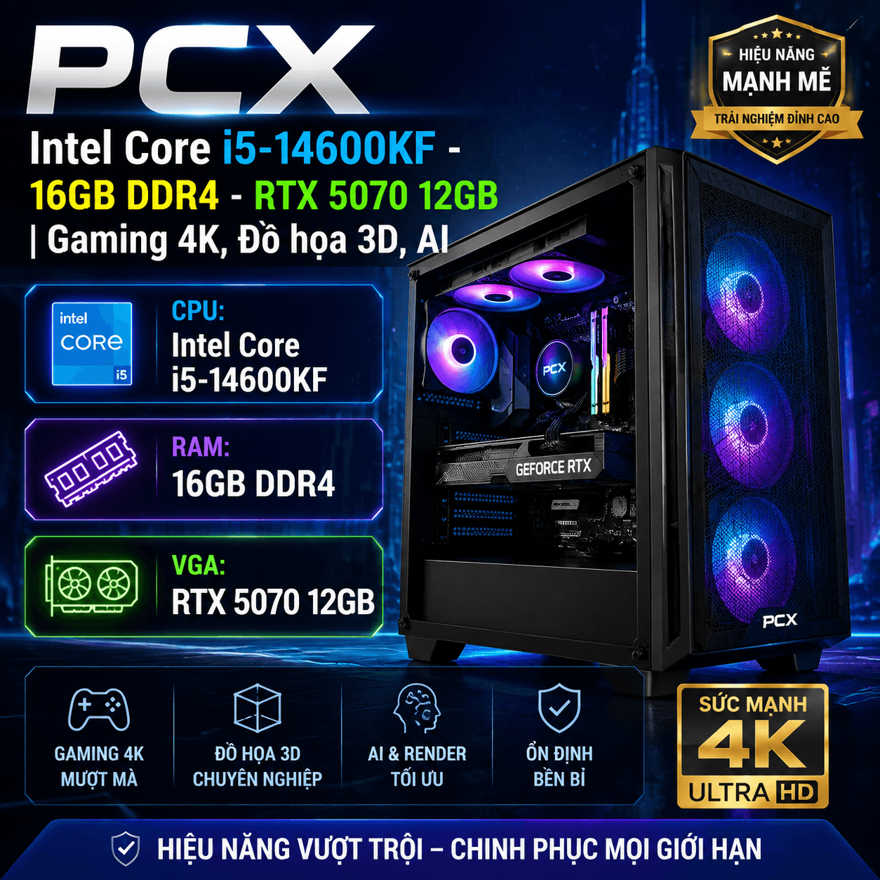 Bộ máy PCX Gaming Intel i5-14600KF - 32GB - 1TB -  RTX 5070 - Gaming Performance King 2025