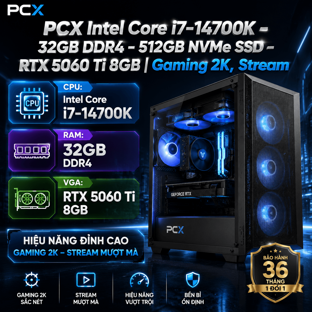 Bộ PC CPU INTEL CORE I7 14700K (UP T | NZXT N7 Z790 White (Intel) - N | Desktop KINGBANK 32GB (2x16GB) | MSI GeForce RTX™ 5060 Ti 8G VE | SSD Apacer AS2280P4X 512GB | AIGO AT750 – 750W 80 PLUS BRON | CPU Deepcool AG620 ARGB | XIGMATEK GAMING X 3FX (EN46188