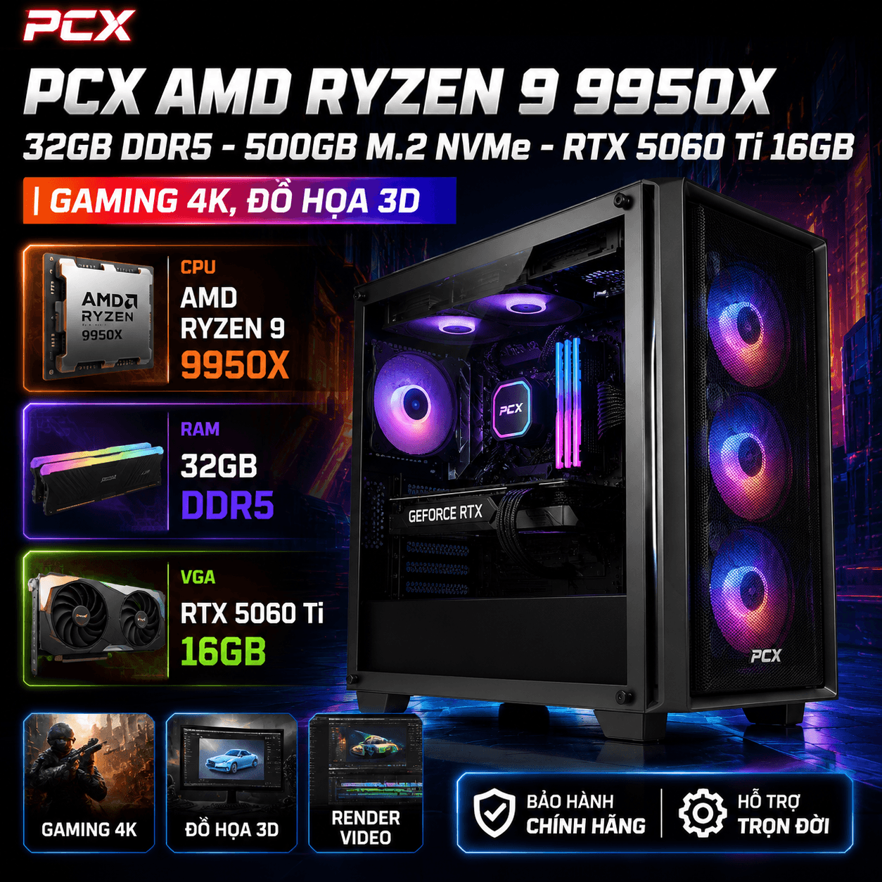 Bộ PC CPU AMD Ryzen 9 9950X Tray(4.3 | Mainboard GIGABYTE X870 GAMING | PC Corsair Dominator Platinum  | ASUS Dual GeForce RTX™ 5060 Ti | SSD Lexar NM610 PRO 500GB M.2  | AIGO AT750 – 750W 80 PLUS BRON | nước AIO Jonsbo TH-360 (ARGB | Cooler Master MasterBox 600 Wh