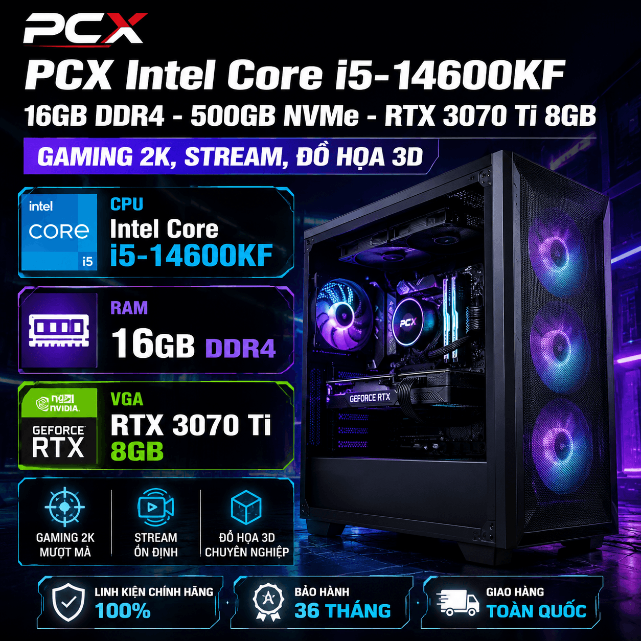 PCX Intel Core i5-14600KF - 16GB DDR4 - 500GB NVMe - RTX 3070 Ti 8GB | Gaming