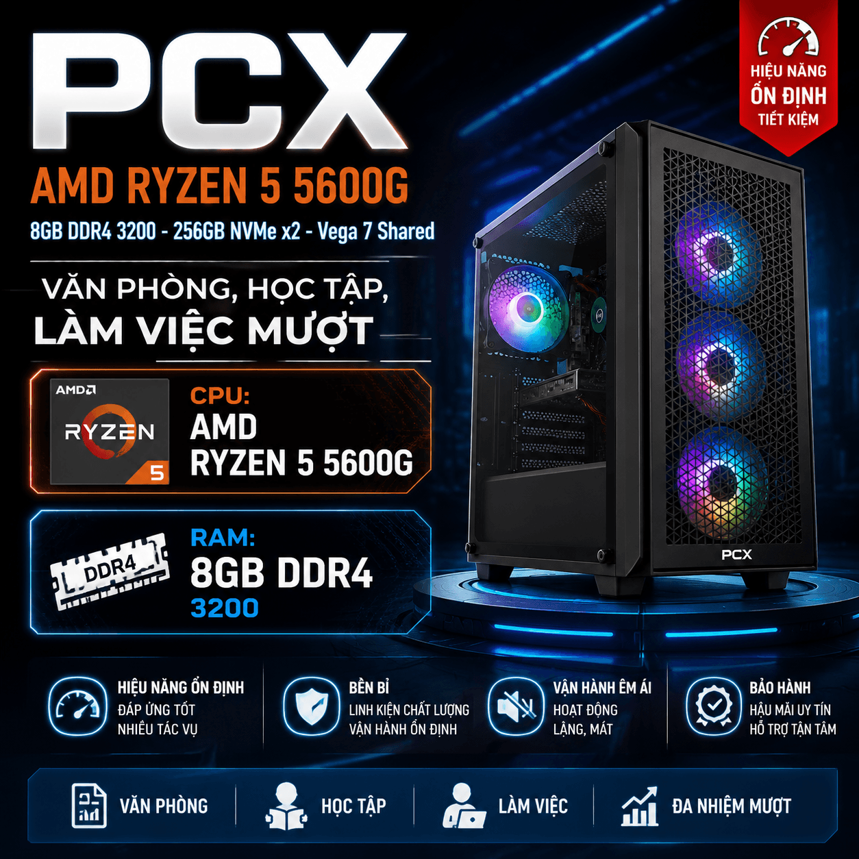 Bộ máy PCX Văn Phòng Cực mạnh AMD Ryzen5 5600G / 16GB / 256GB xử lý Word , Excel , Photoshop,  Autocad, Liên Minh