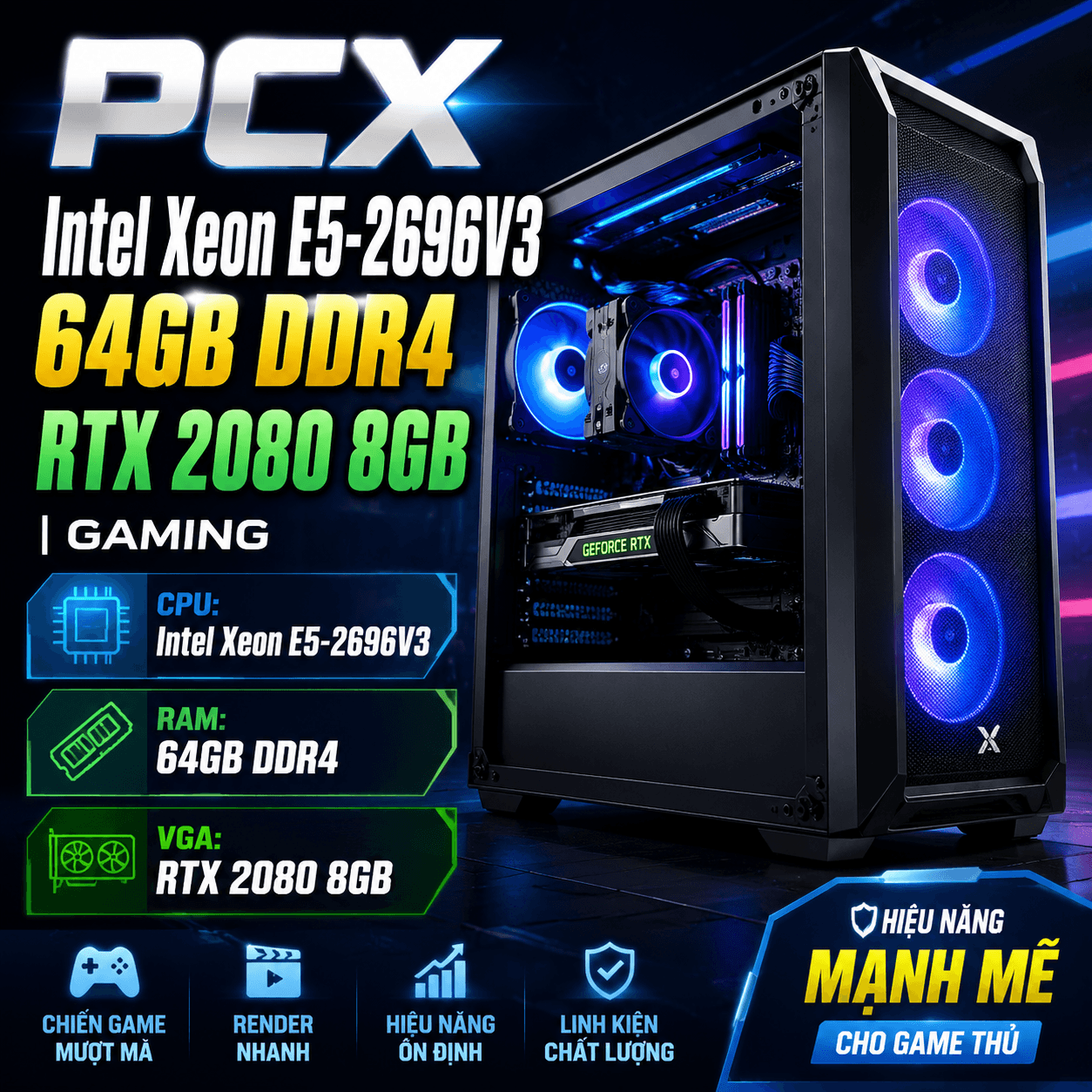 Bộ máy PCX Intel Xeon Dual 36 core - 2696v3 - NVIDIA GeForce RTX 3060 12GB - x99 F8D - 512GB SSD NVMe -64GB RAM - 750W- Windows 11 Gaming Workstaion Desktop PC