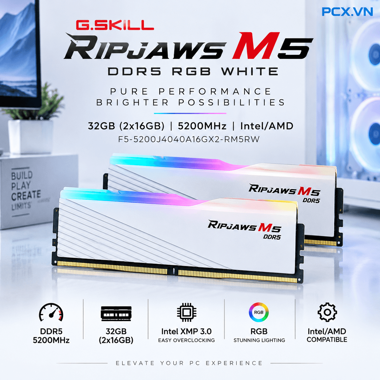 RAM PC G.SKILL Ripjaws M5 32GB RGB DDR5 White | (2x16GB), 5200MHz, Intel/AMD F5-5200J4040A16GX2-RM5RW
