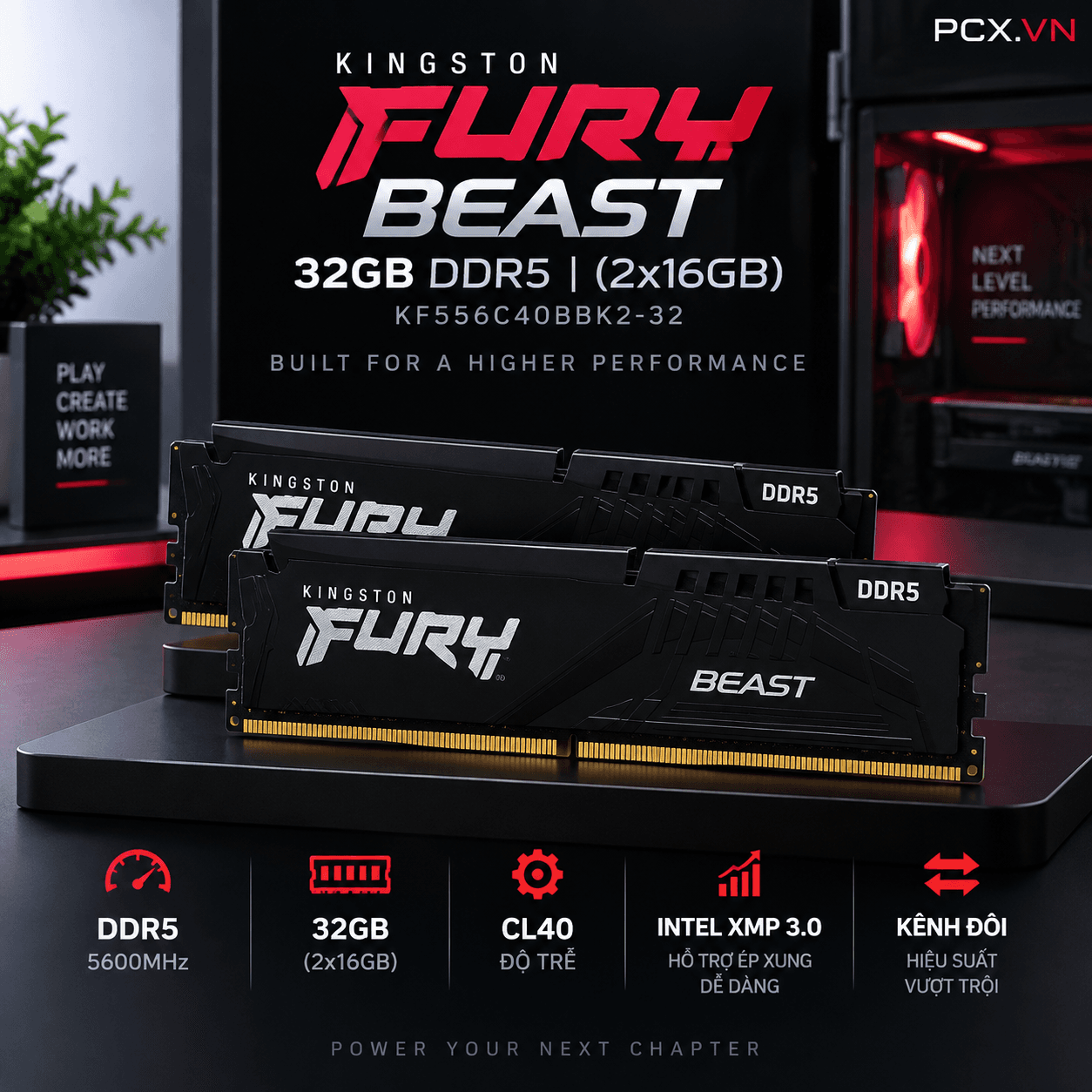 RAM PC Kingston Fury Beast 32GB DDR5 | (2x16GB), 5600MHz, Intel/AMD KF556C40BBK2-32