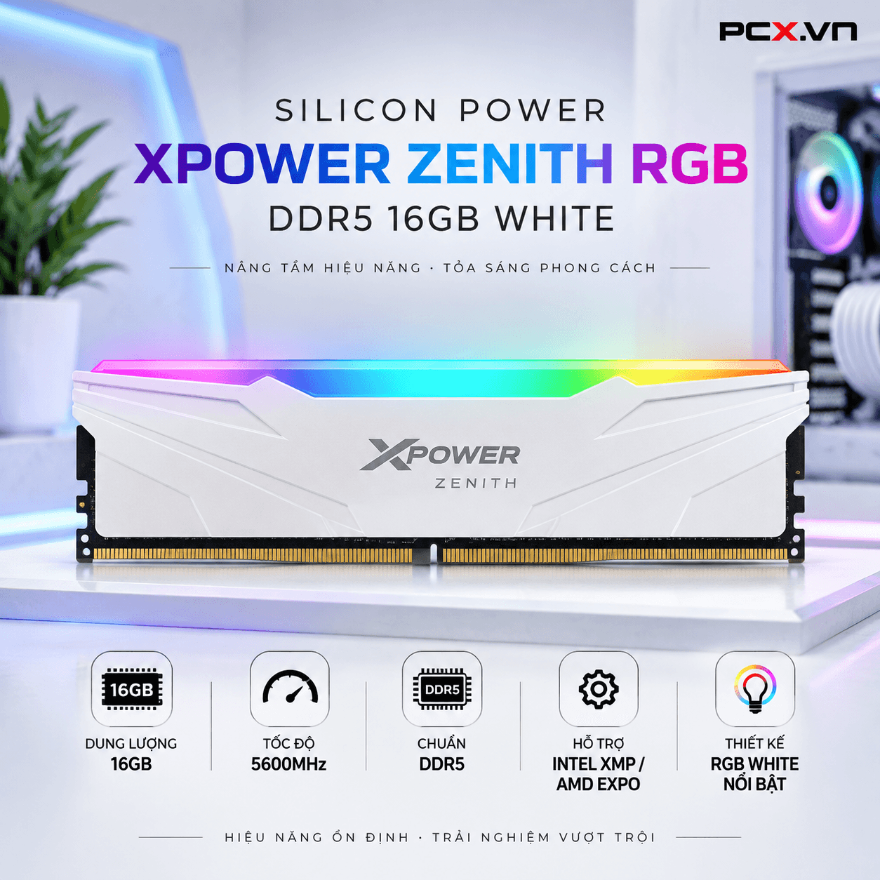 RAM PC Silicon Power XPOWER Zenith RGB 16GB RGB DDR5 White | (1x16GB), 5600MHz, Intel XMP/AMD EXPO SP016GXLWU560FSH