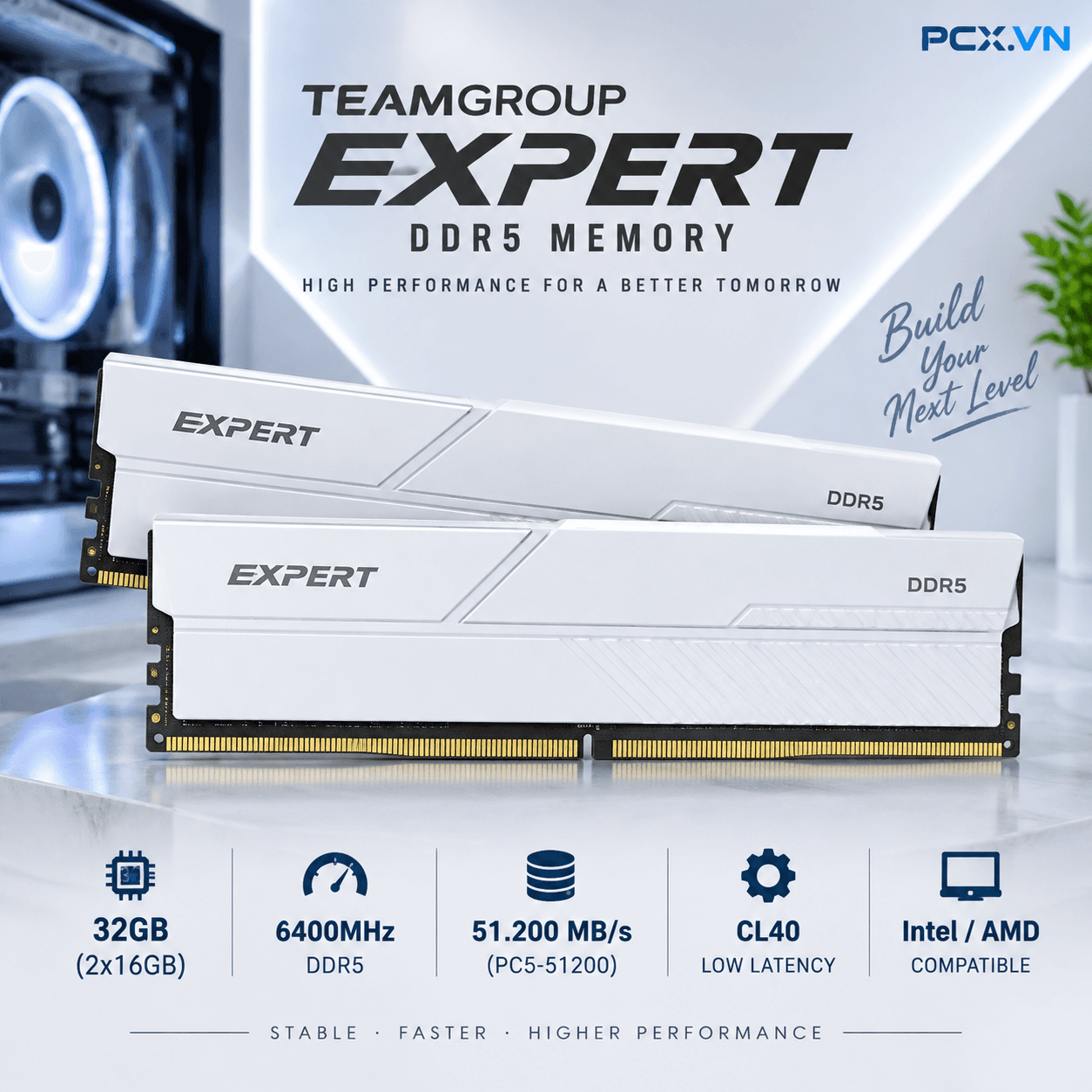 RAM PC TeamGroup Expert 32GB DDR5 White | (2x16GB), 6400MHz, Intel/AMD
