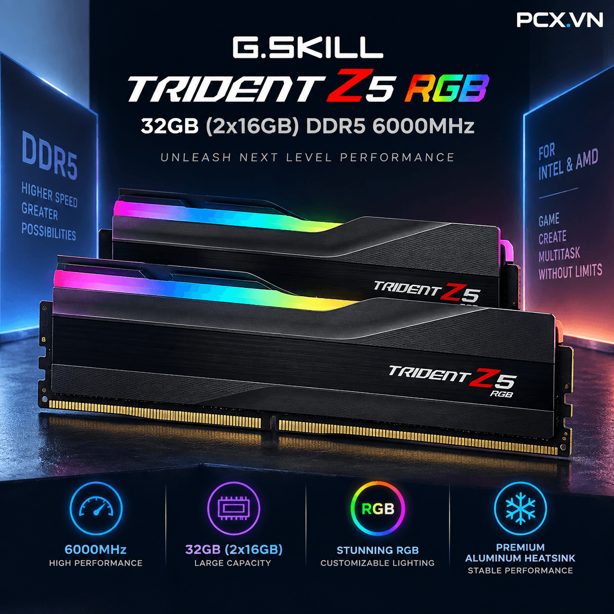 RAM PC G.SKILL Trident Z5 32GB RGB DDR5 | (2x16GB), 6000MHz, Intel/AMD F5-6000J4040F16GX2-TZ5RS