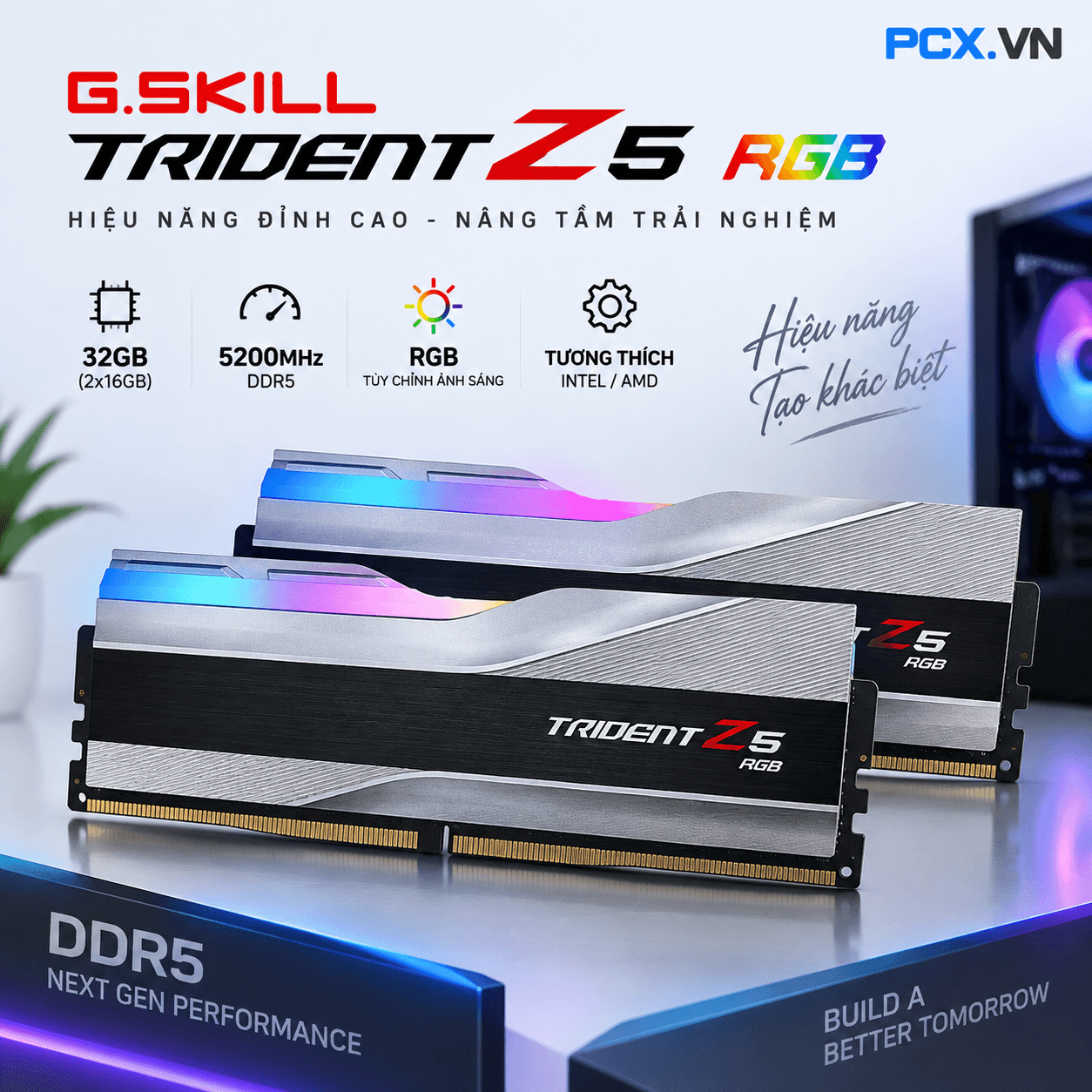 RAM PC G.SKILL Trident Z5 32GB RGB DDR5 | (2x16GB), 5200MHz, Intel/AMD F5-5200J4040A16GX2-TZ5RS