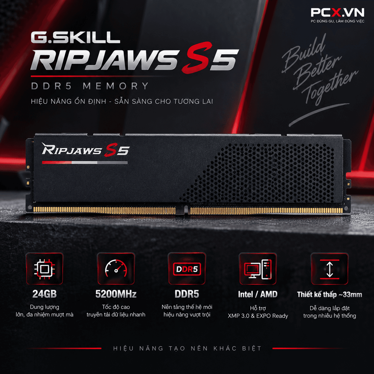 RAM PC G.SKILL Ripjaws S5 24GB DDR5 Black | (1x24GB), 5200MHz, Intel/AMD