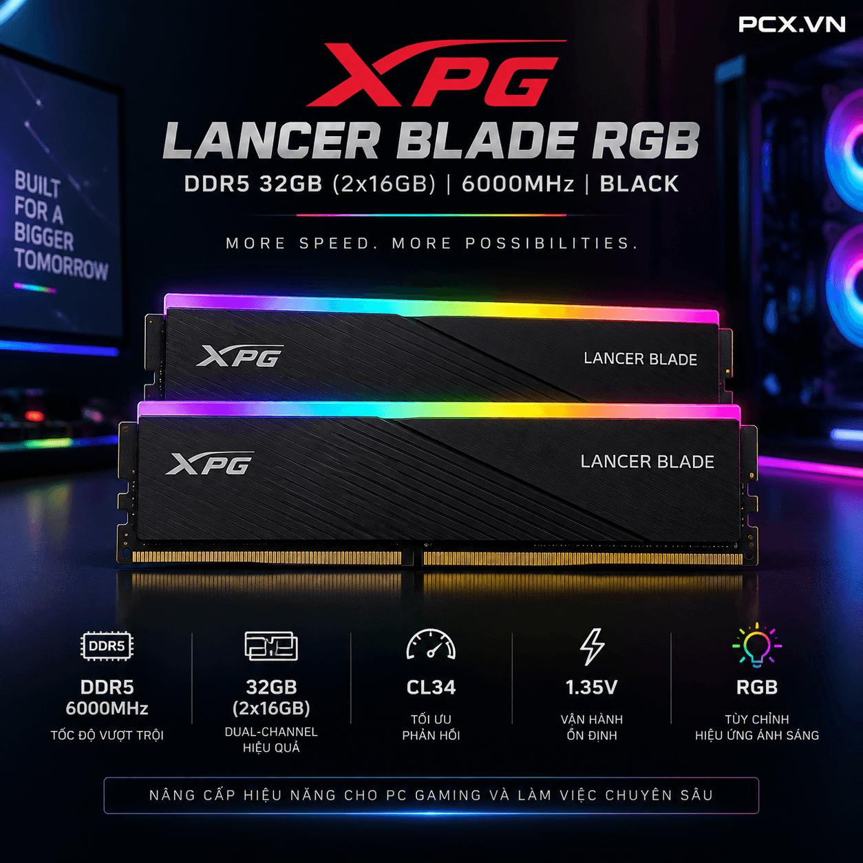 RAM PC XPG Lancer Blade 32GB RGB DDR5 Black | (2x16GB), 6000MHz, Intel/AMD AX5U6000C3416G-DTLABRBK