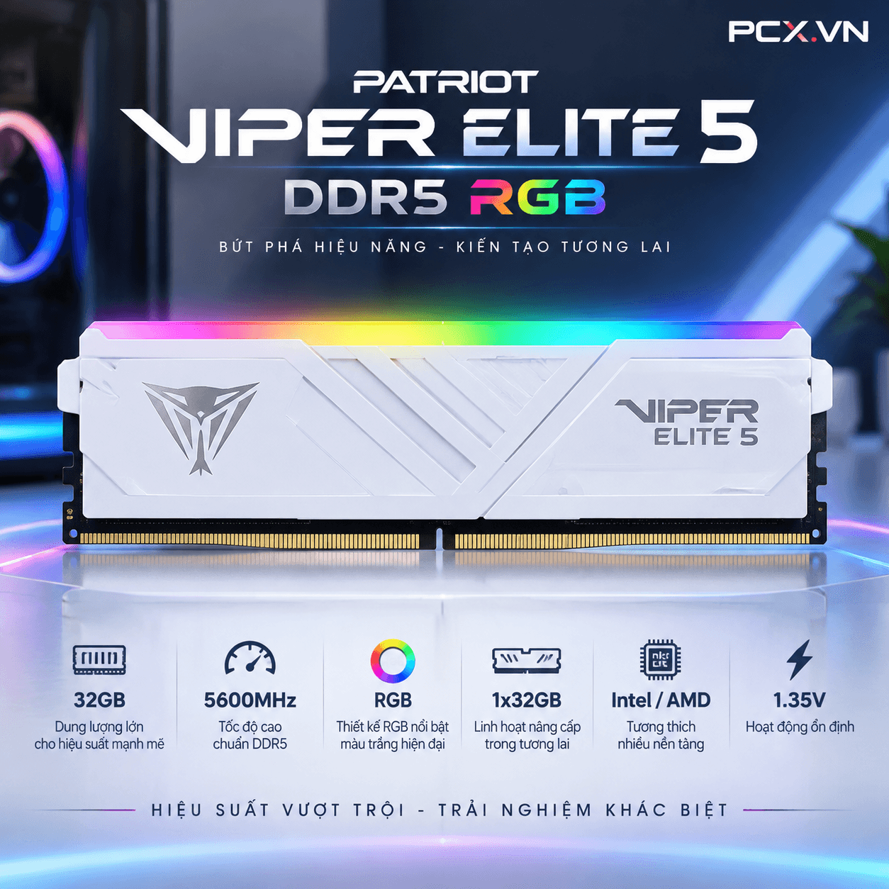 RAM PC Patriot Viper Elite 5 32GB RGB DDR5 | (1x32GB), 5600MHz, Intel/AMD PVER532G56C38W