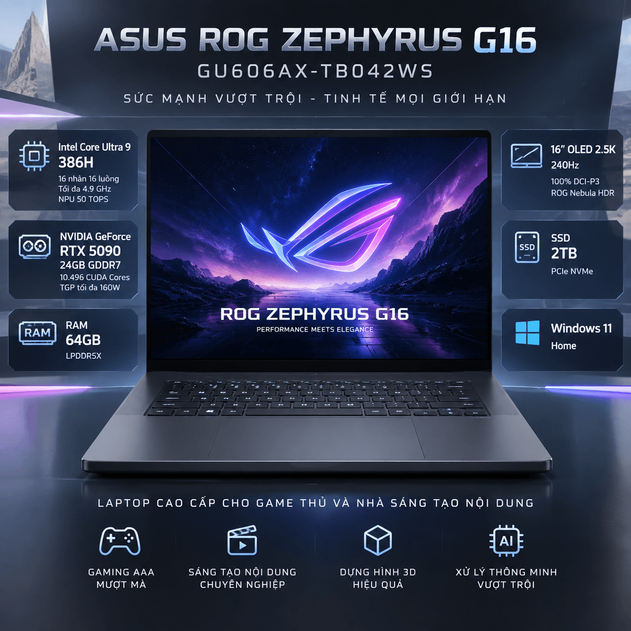 Laptop ASUS ROG Zephyrus G16 GU606AX-TB042WS (Ultra 9 386H, RTX 5090 24GB, RAM 64GB LPDDR5X, SSD 2TB, 16 Inch OLED 2.5K 240Hz 100% DCI-P3, Win 11 Home)