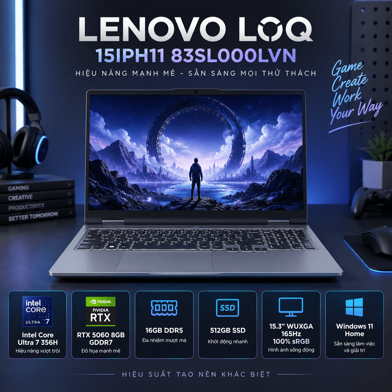Laptop Lenovo LOQ 15IPH11 83SL000LVN (Ultra 7 356H, RTX 5060 8GB, RAM 16GB DDR5, SSD 512GB, 15.3 Inch IPS WUXGA 165Hz 100% sRGB, Win 11 Home)