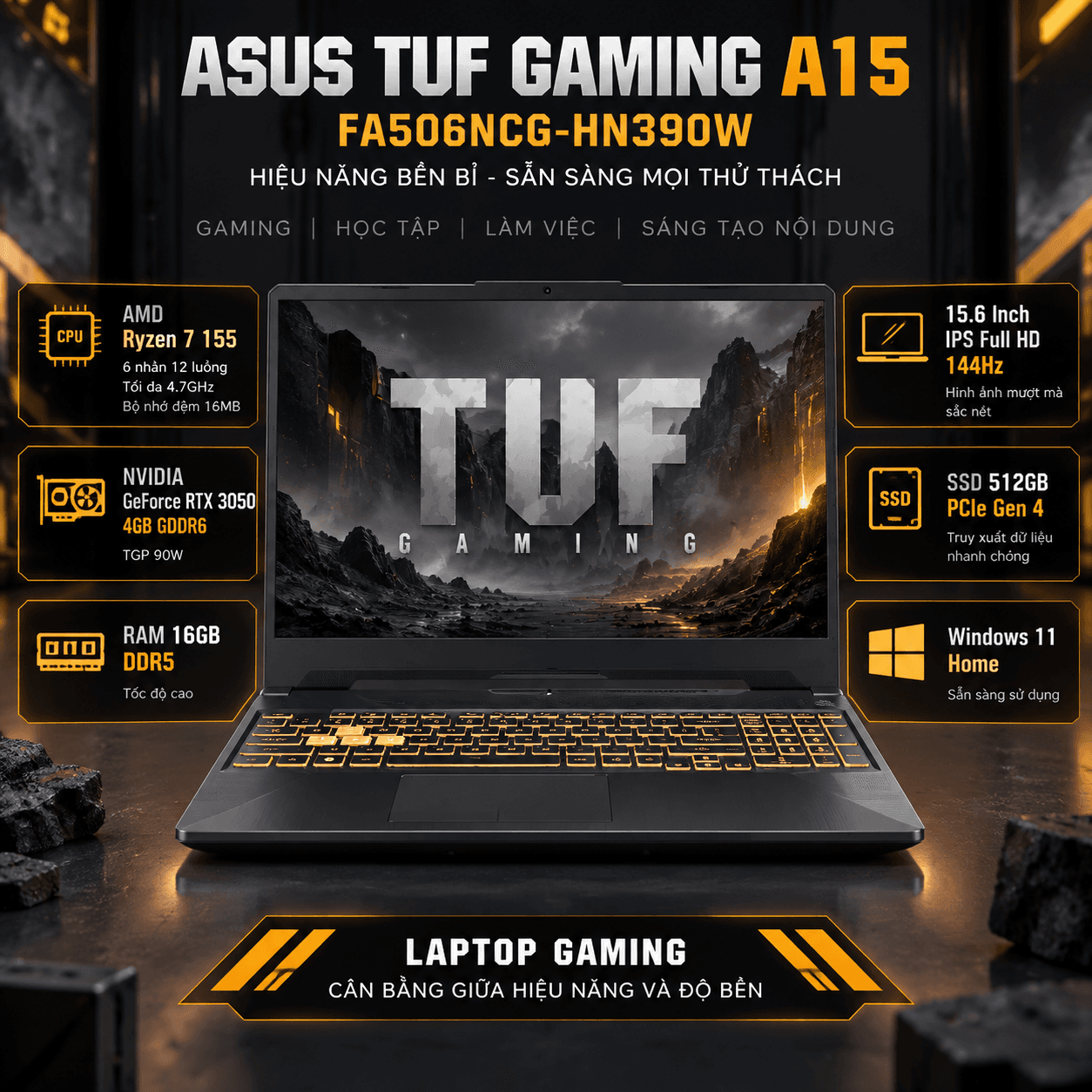 Laptop ASUS TUF Gaming A15 FA506NCG-HN390W (Ryzen 7 155, RTX 3050 4GB, RAM 16GB DDR5, SSD 512GB, 15.6 Inch IPS FHD 144Hz, Win 11 Home)