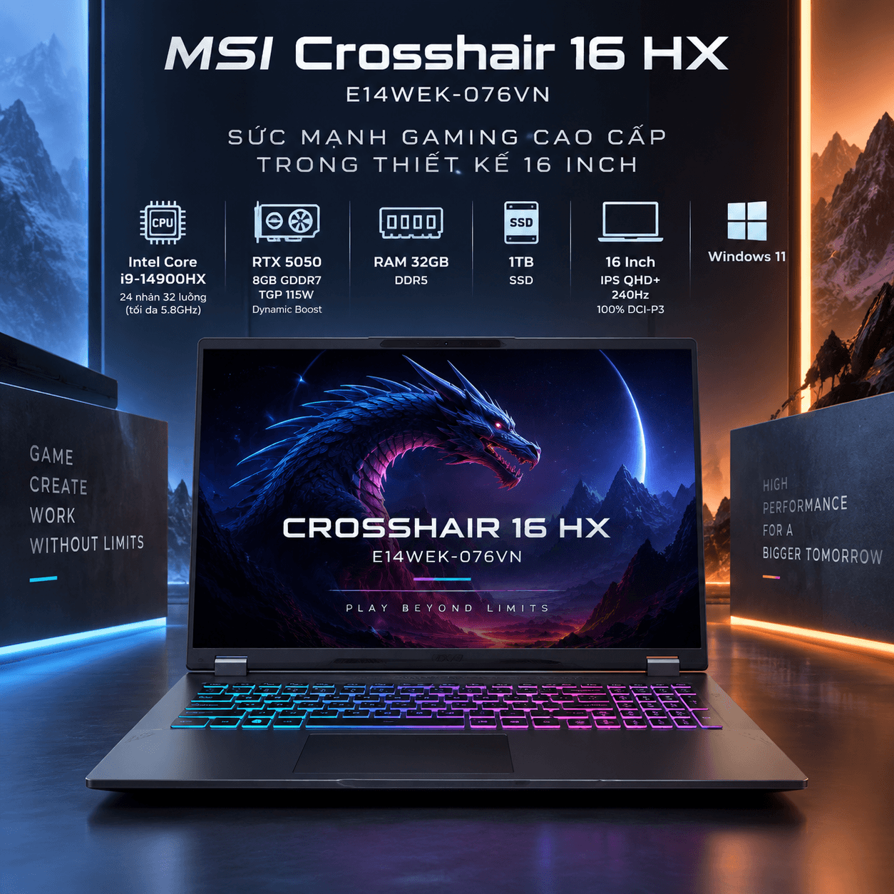 Laptop MSI Crosshair 16 HX E14WEK-076VN (i9-14900HX, RTX 5050 8GB, RAM 32GB DDR5, SSD 1TB, 16 Inch IPS QHD+ 240Hz 100% DCI-P3, Win 11)