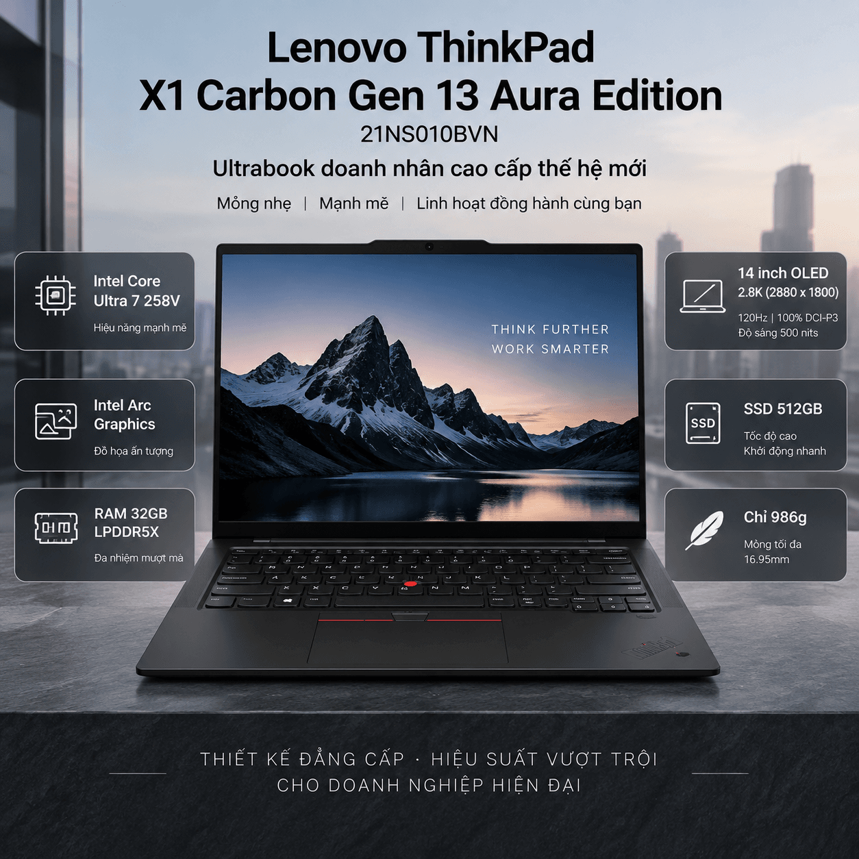 Laptop Lenovo ThinkPad X1 Carbon Gen 13 Aura Edition 21NS010BVN (Ultra 7 258V, Intel Arc Graphics, RAM 32GB LPDDR5X, SSD 512GB, 14 Inch OLED 2.8K 120Hz 100% DCI-P3, Win 11 Pro)