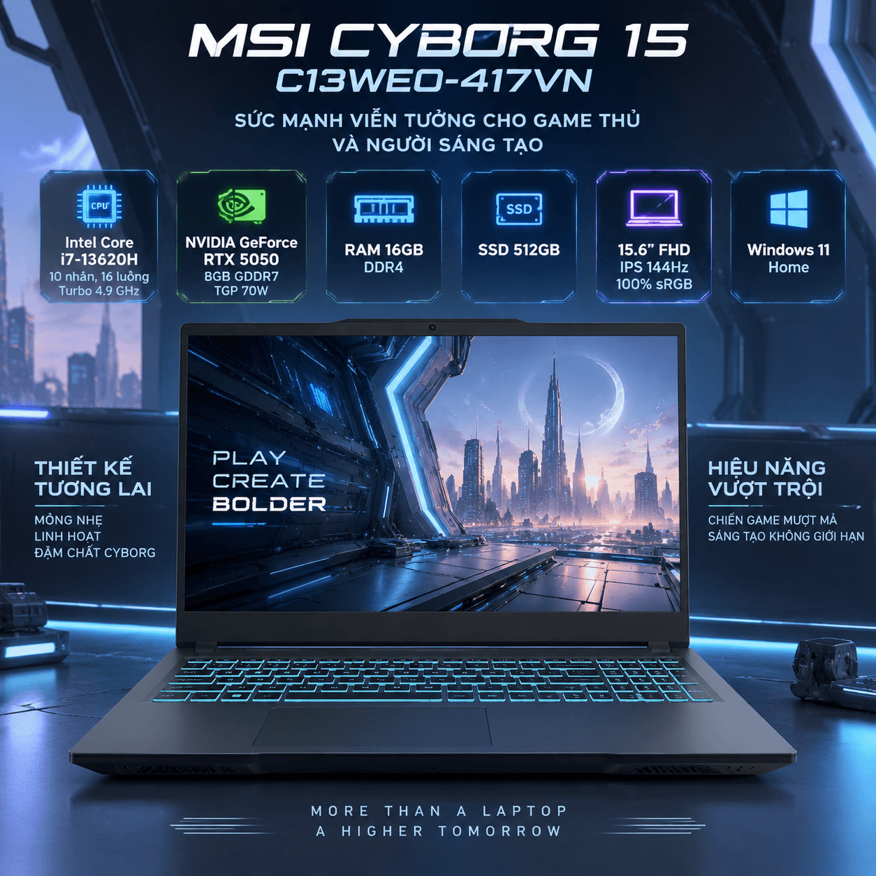 Laptop MSI Cyborg 15 C13WEO-417VN (i7-13620H, RTX 5050 8GB, RAM 16GB DDR4, SSD 512GB, 15.6 Inch IPS FHD 144Hz 100% sRGB, Win 11 Home)