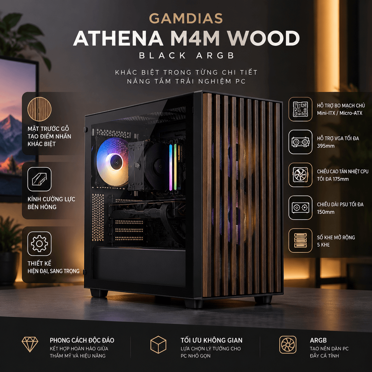 Case máy tính Gamdias ATHENA M4M WOOD Black ARGB CAATHEM4MWBLGA