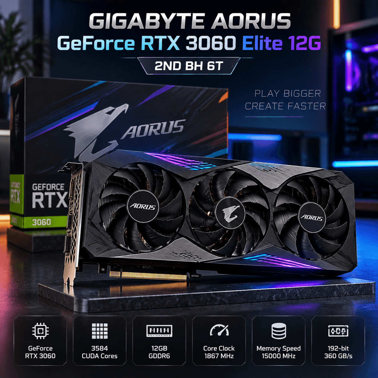 Card màn hình GIGABYTE AORUS GeForce RTX 3060 Elite 12G  2ND BH 6T