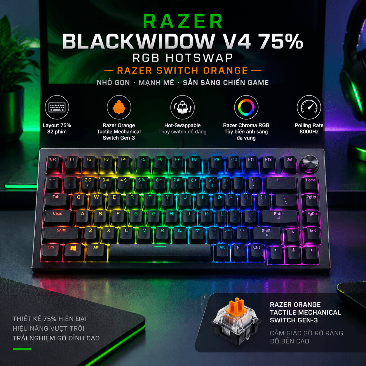 Bàn phím cơ Razer BlackWidow V4 75% RGB Hotswap Razer Switch Orange