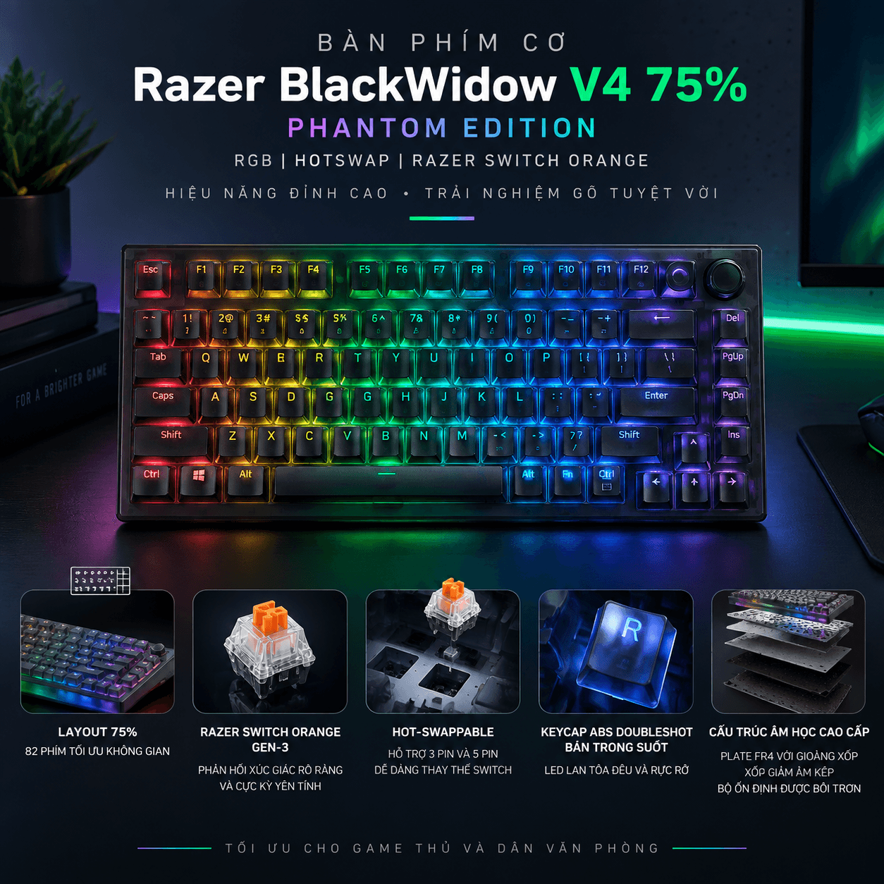 Bàn phím cơ Razer BlackWidow V4 75% Phantom Edition RGB Hotswap Razer Switch Orange