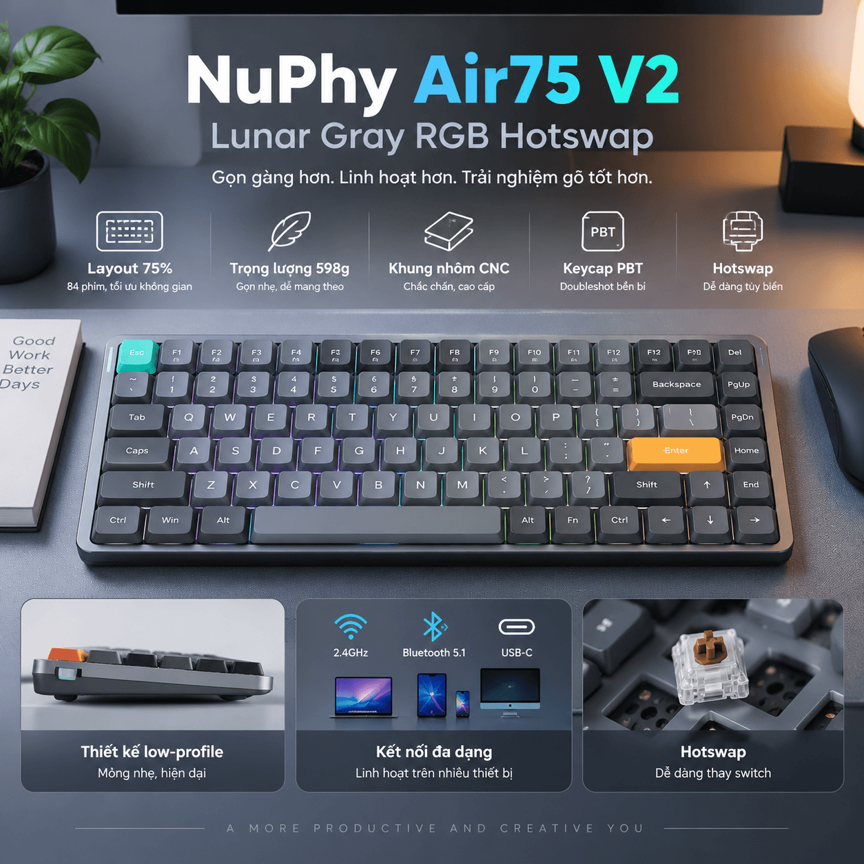Bàn phím cơ không dây NuPhy Air75 V2 Lunar Gray RGB Hotswap (Nuphy Sw)