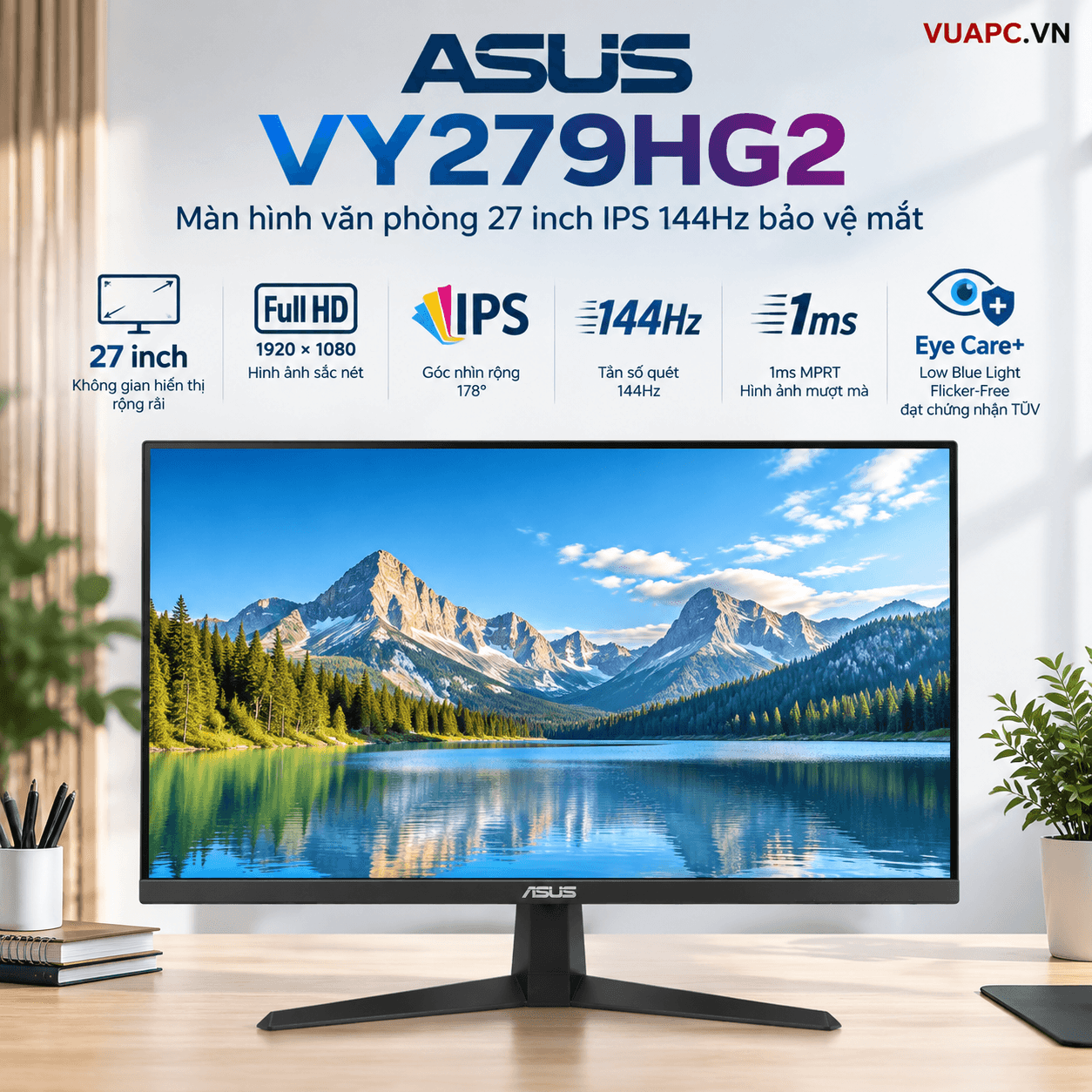 Màn hình Văn phòng ASUS VY279HG2 | 27 inch, Full HD, IPS, 144Hz, 1ms MPRT, Eye Care+