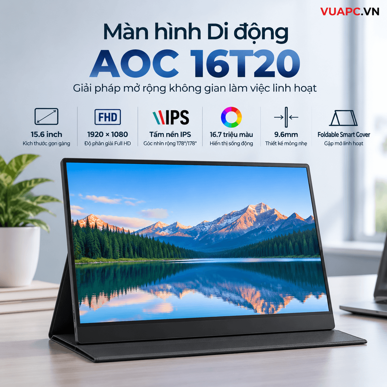 Màn hình Di động AOC 16T20 | 15.6 inch, FHD, 60Hz, IPS, Foldable Smart Cover