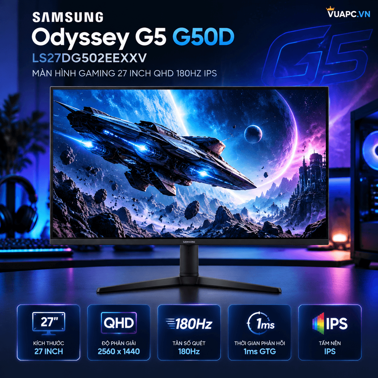 Màn hình Gaming Samsung LS27DG502EEXXV | 27 inch, 2K/QHD, 180Hz, IPS