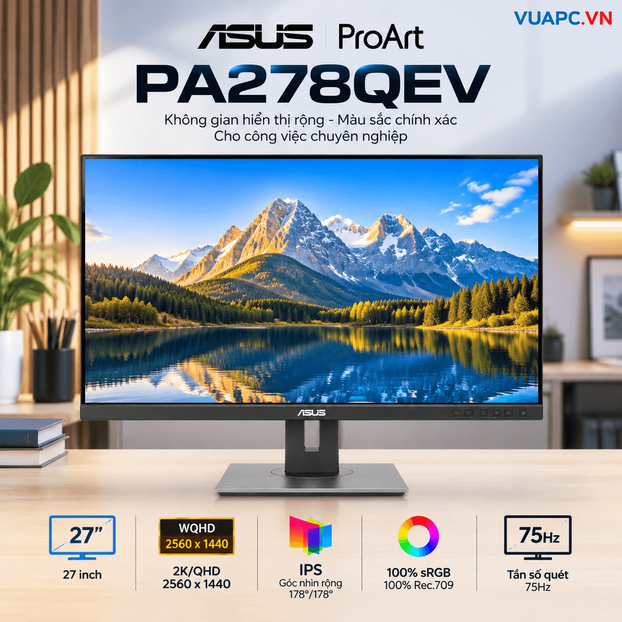 Màn hình Văn phòng Asus PA278QEV | 27 inch, 2K/QHD, 75Hz, IPS