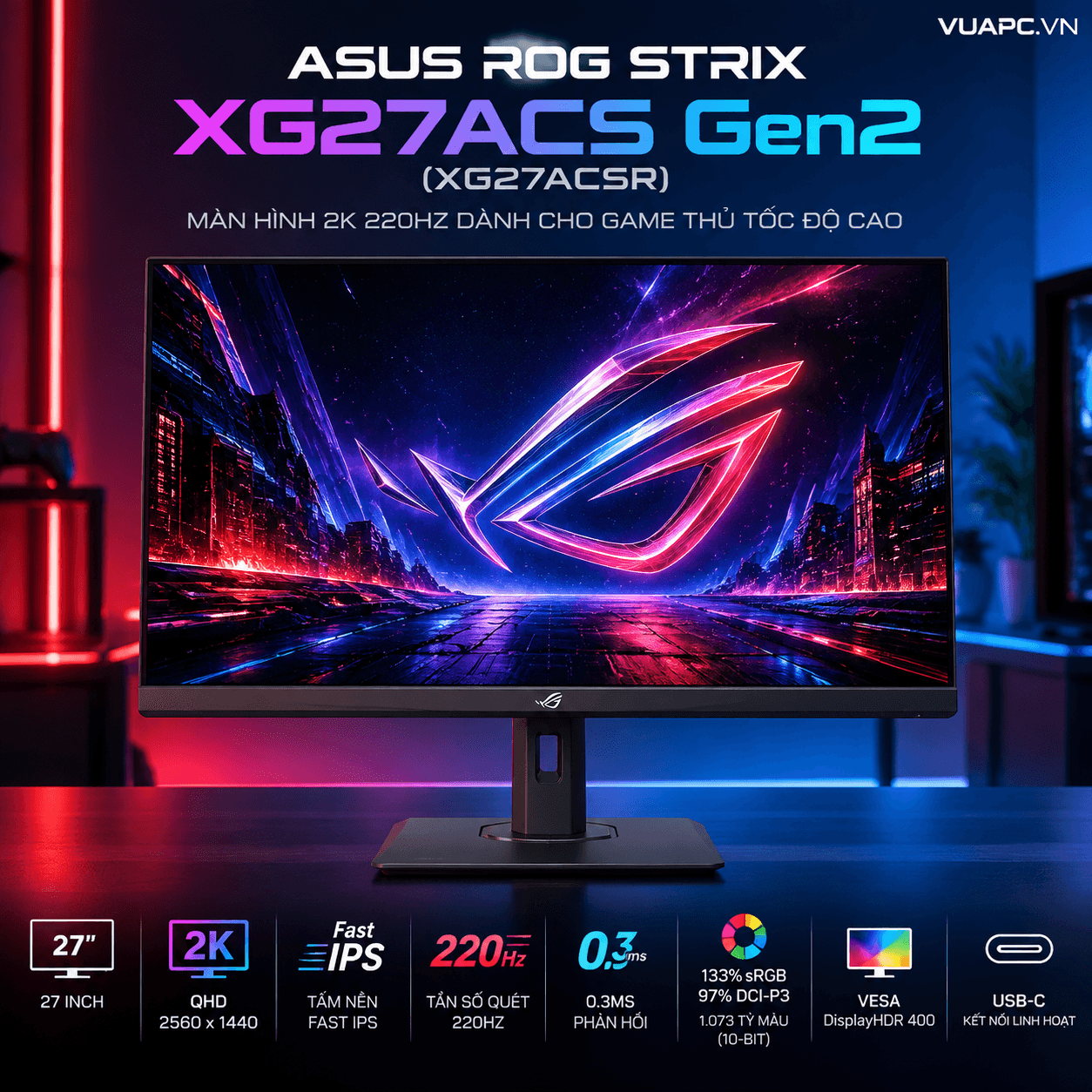 Màn hình Gaming 2K ASUS ROG Strix XG27ACS Gen2 (XG27ACSR) | 27 inch, QHD, Fast IPS, 220Hz, USB-C, HDR400