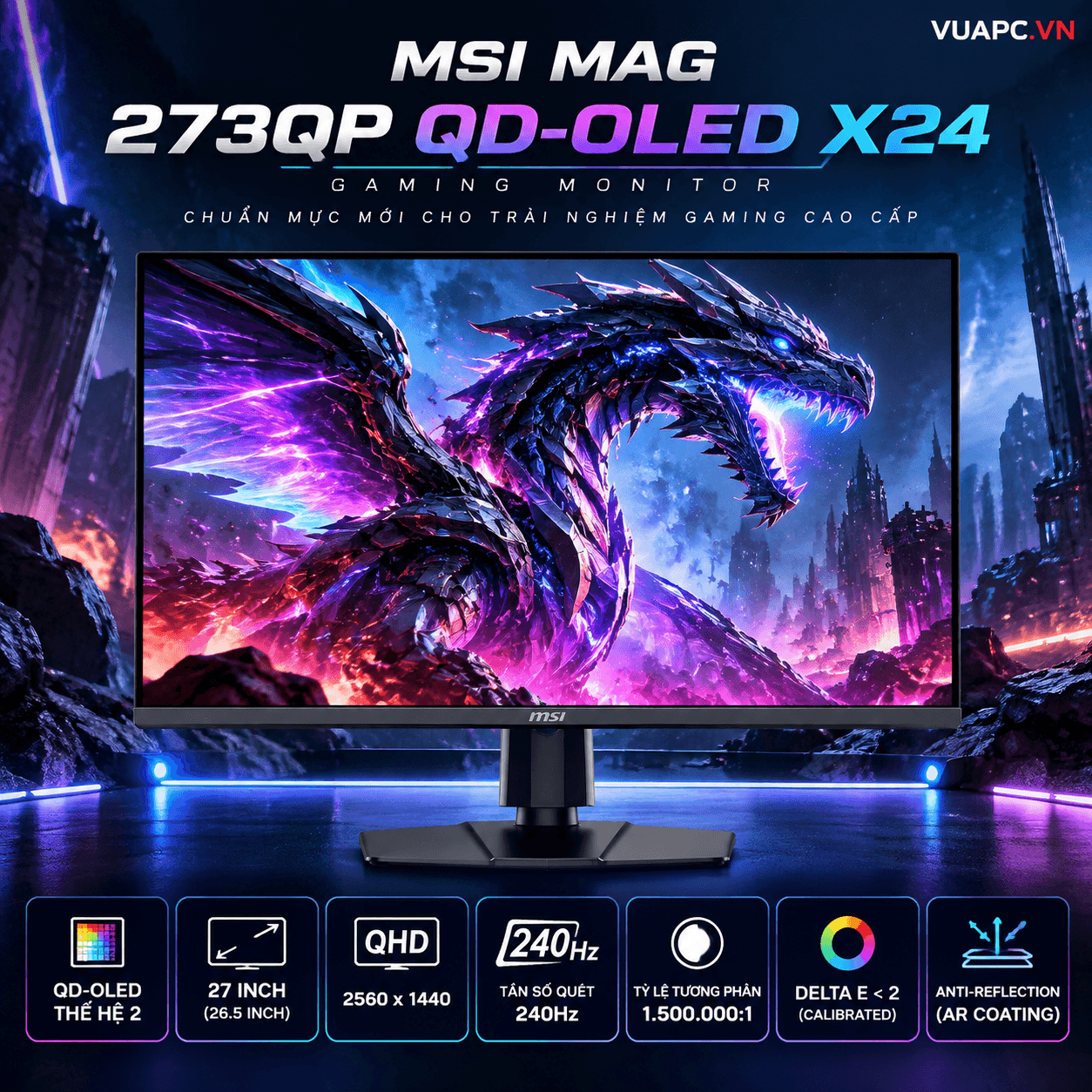 Màn hình Gaming MSI MAG 273QP QD-OLED X24 | 27 inch, 2K/QHD, 240Hz, Oled