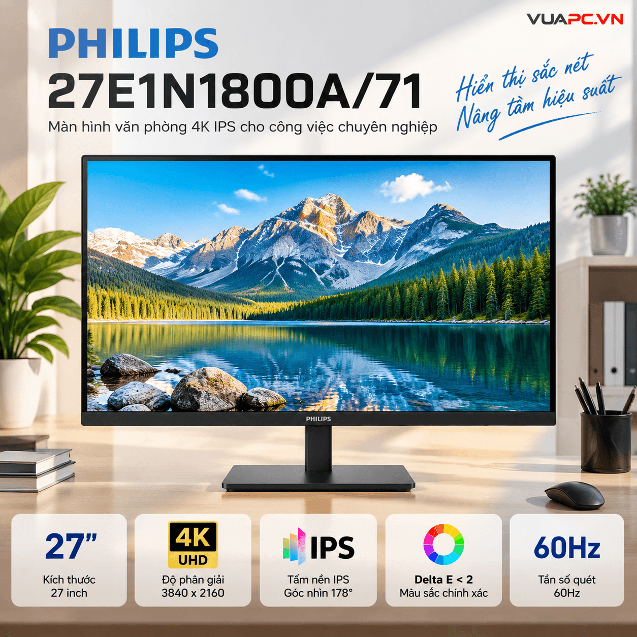 Màn hình Văn phòng Philips 27E1N1800A/71 | 27 inch, 4K, UHD, 60Hz, IPS, Delta E<2