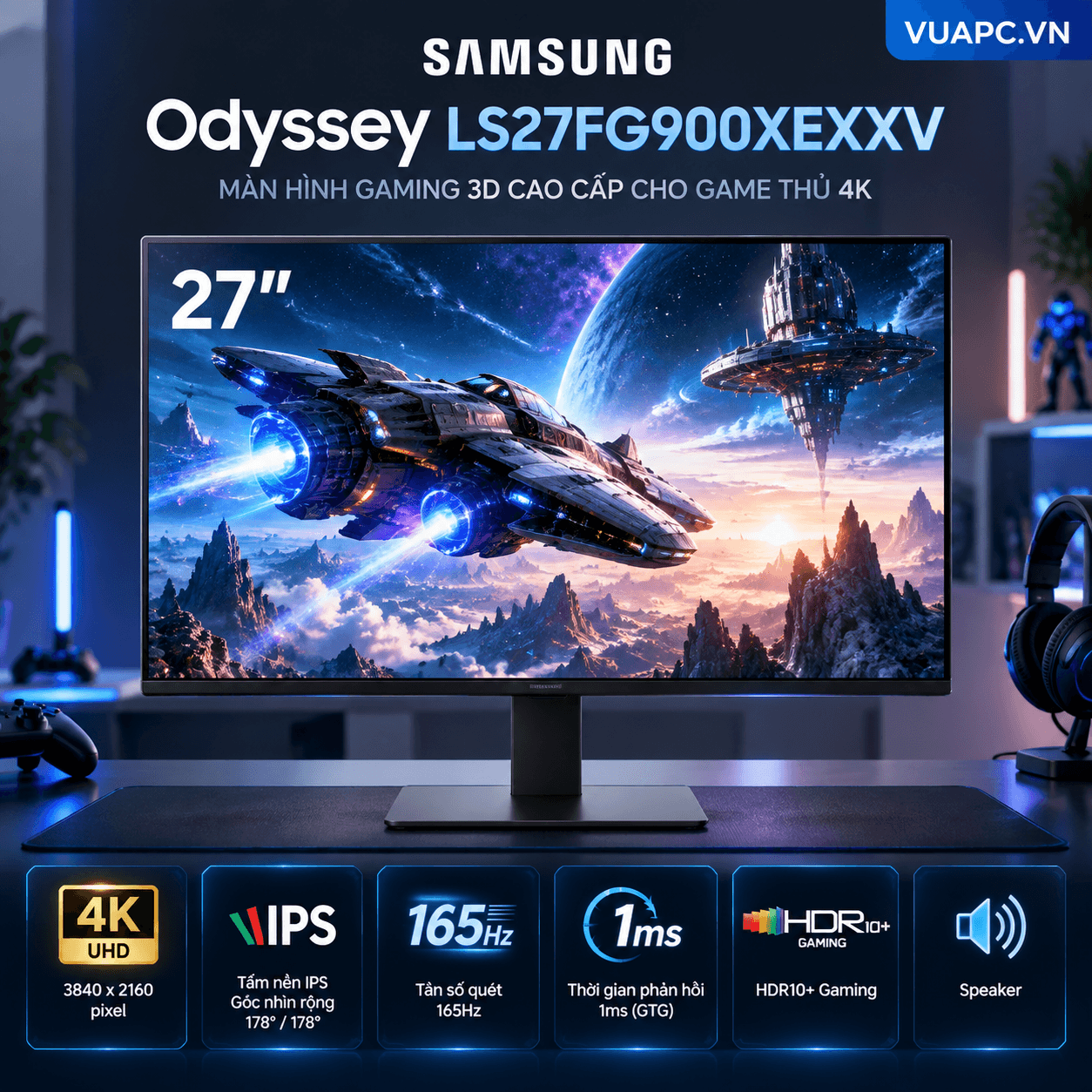 Màn hình Gaming 3D Samsung Odyssey LS27FG900XEXXV | 27 inch, 4K/UHD, 165Hz, IPS, Speaker