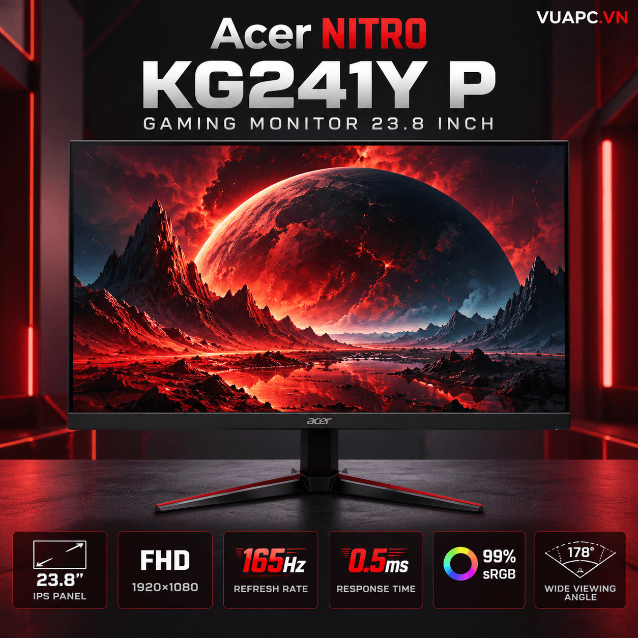 Màn Hình Gaming 23.8 inch Acer KG241Y P (FHD, 165Hz, IPS)