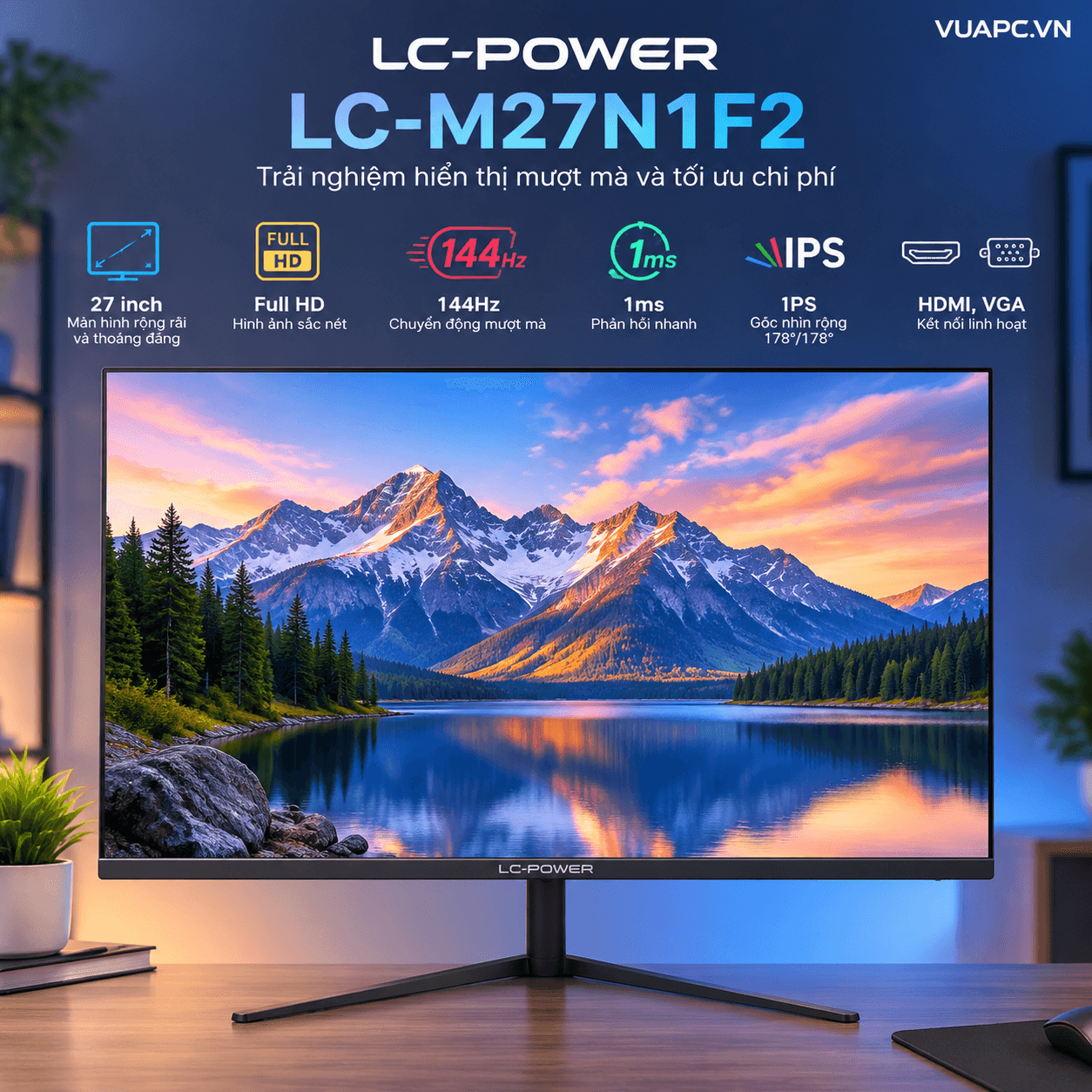 Màn hình LC-POWER LC-M27N1F2 | 27 inch, Full HD, 144Hz, IPS, 1ms, HDMI, VGA