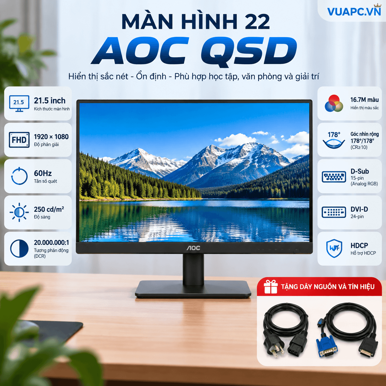 Màn hình 22 Aoc QSD (tặng dây nguồn và tín hiệu ) -