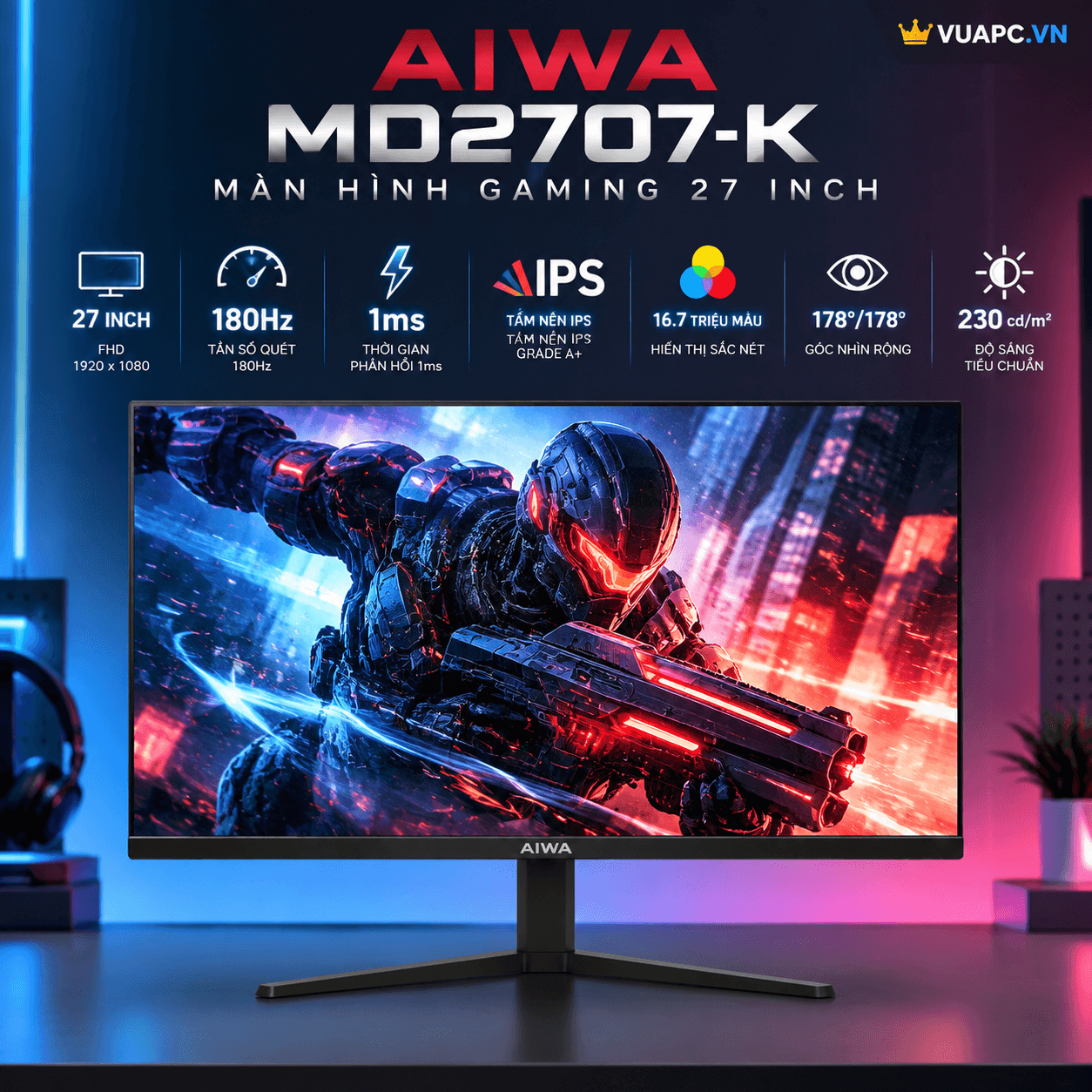 Màn hình Gaming AIWA MD2707-K | 27 inch, FHD, 180Hz, IPS