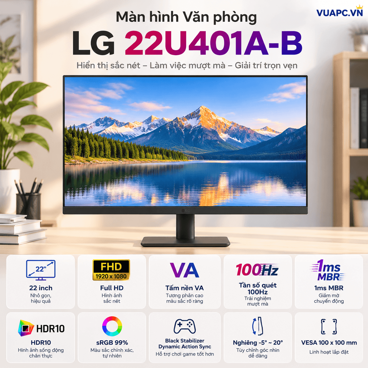 Màn hình Văn phòng LG 22U401A-B | 22 inch, FHD, 100Hz, VA