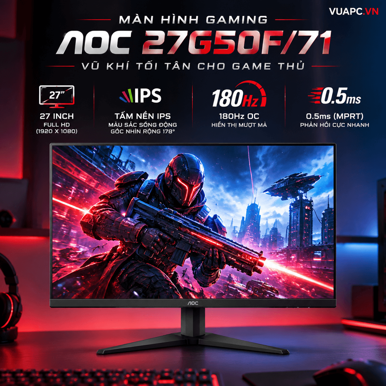 Màn hình Gaming AOC 27G50F/71 | 27 inch, Full HD, IPS, 180Hz OC, 0.5ms (MPRT)