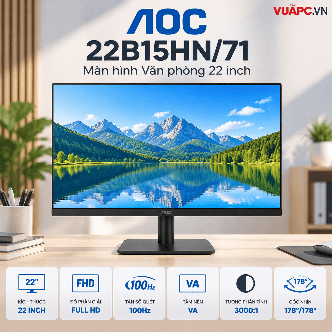 Màn hình Văn phòng AOC 22B15HN/71 | 22 inch, FHD, 100Hz, VA