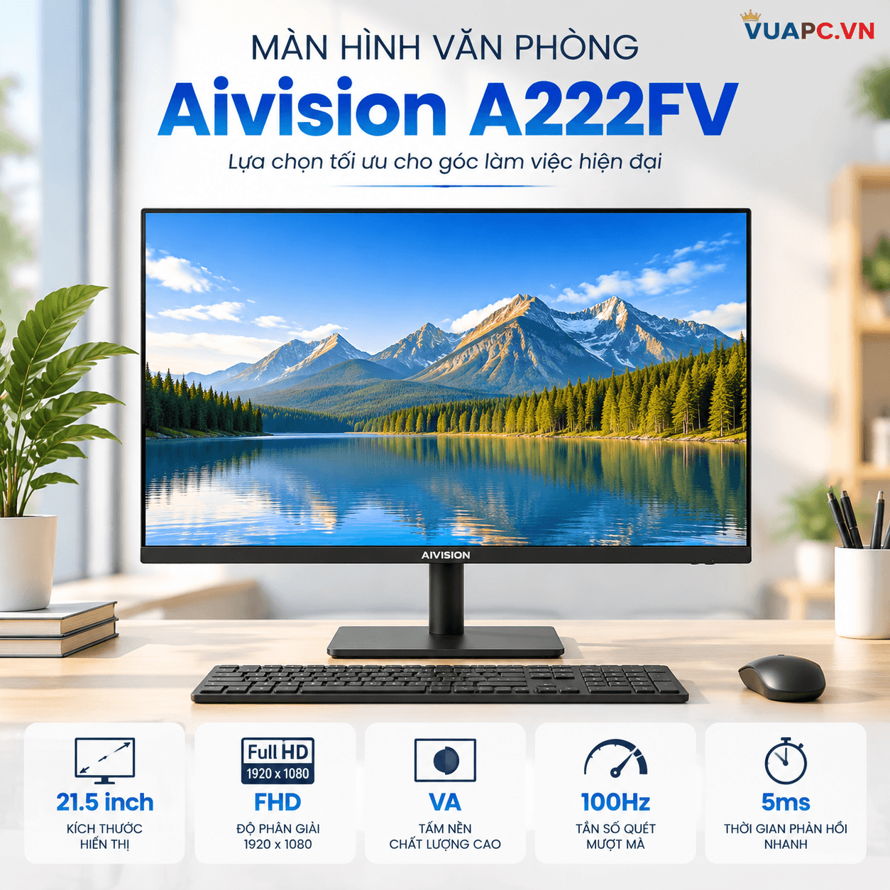 Màn hình văn phòng Aivision A222FV | 21.5 inch, FHD, VA, 100Hz, 5ms