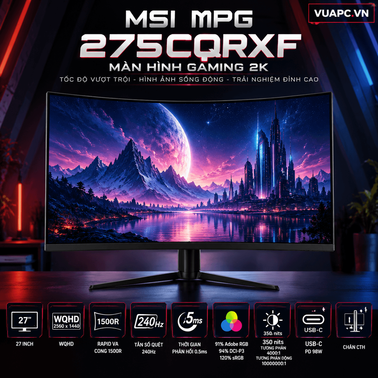 Màn hình Gaming 2K MSI MPG 275CQRXF | 27 inch, WQHD, Rapid VA, 240Hz, USB-C PD 98W, Chân CTH