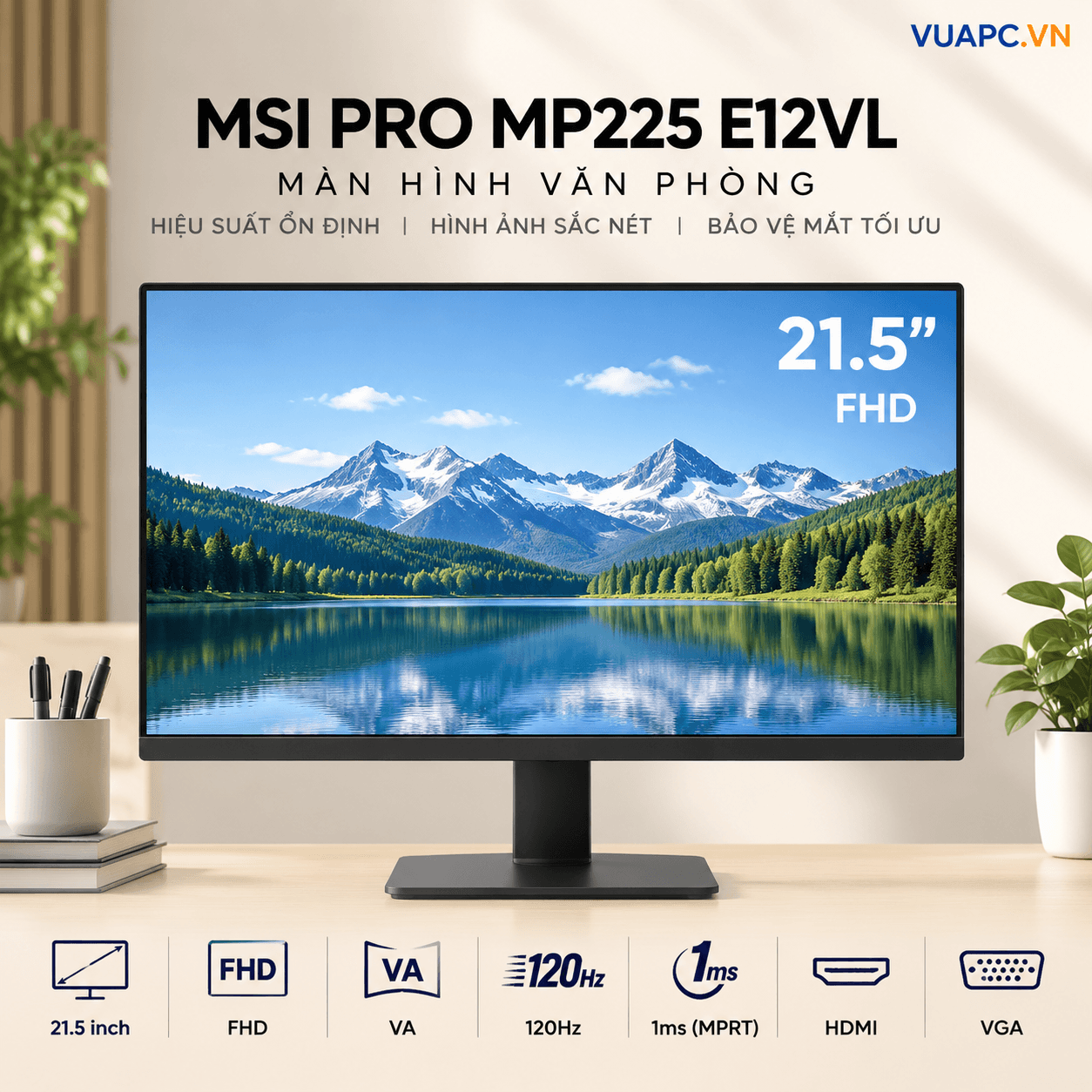 Màn hình văn phòng MSI PRO MP225 E12VL | 21.5 inch, FHD, VA, 120Hz, 1ms, HDMI, VGA