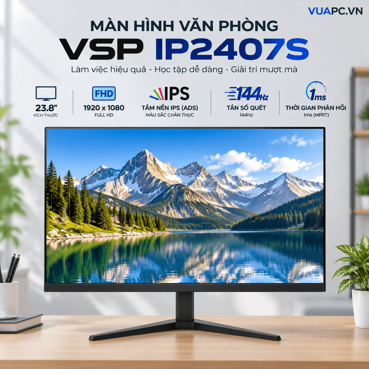 Màn hình Văn phòng VSP IP2407S | 24 inch, Full HD, IPS, 144Hz, 1ms, Đen