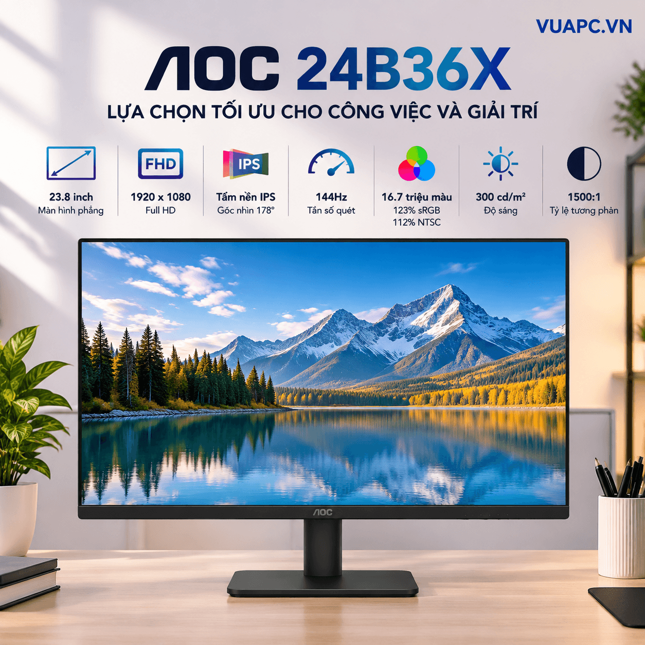 Màn hình Văn phòng AOC 24B36X | 24 inch, FHD, 144Hz, IPS