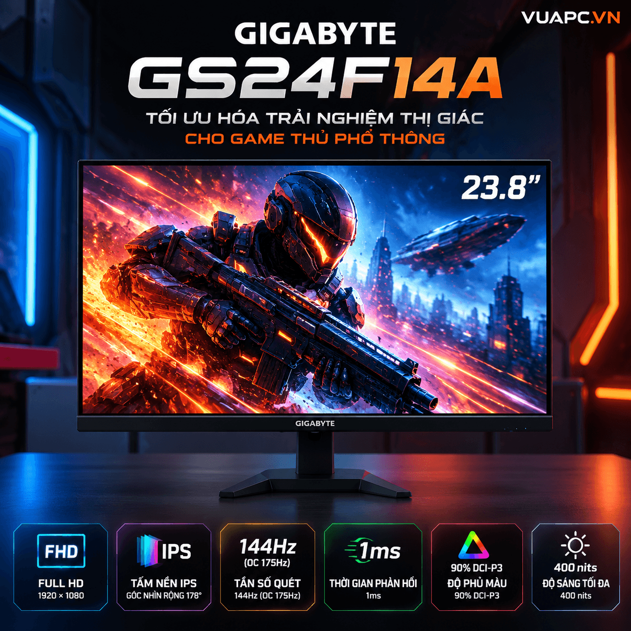 Màn hình Gaming Gigabyte GS24F14A | 24 inch, Full HD, IPS, 144Hz (OC 175Hz), 1ms